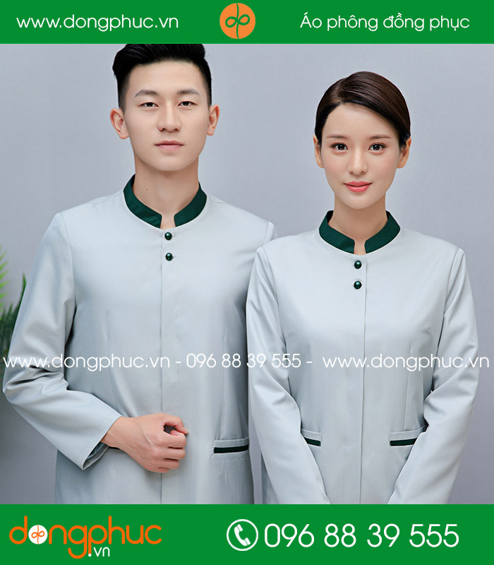 Đồng phục vệ sinh màu ghi sáng cổ xanh đậm